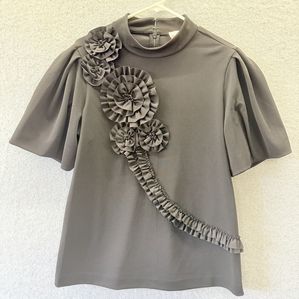 Chico's Black Label Womens Ruffle Bow Whimsigoth Crepe 3D Applique Top Large